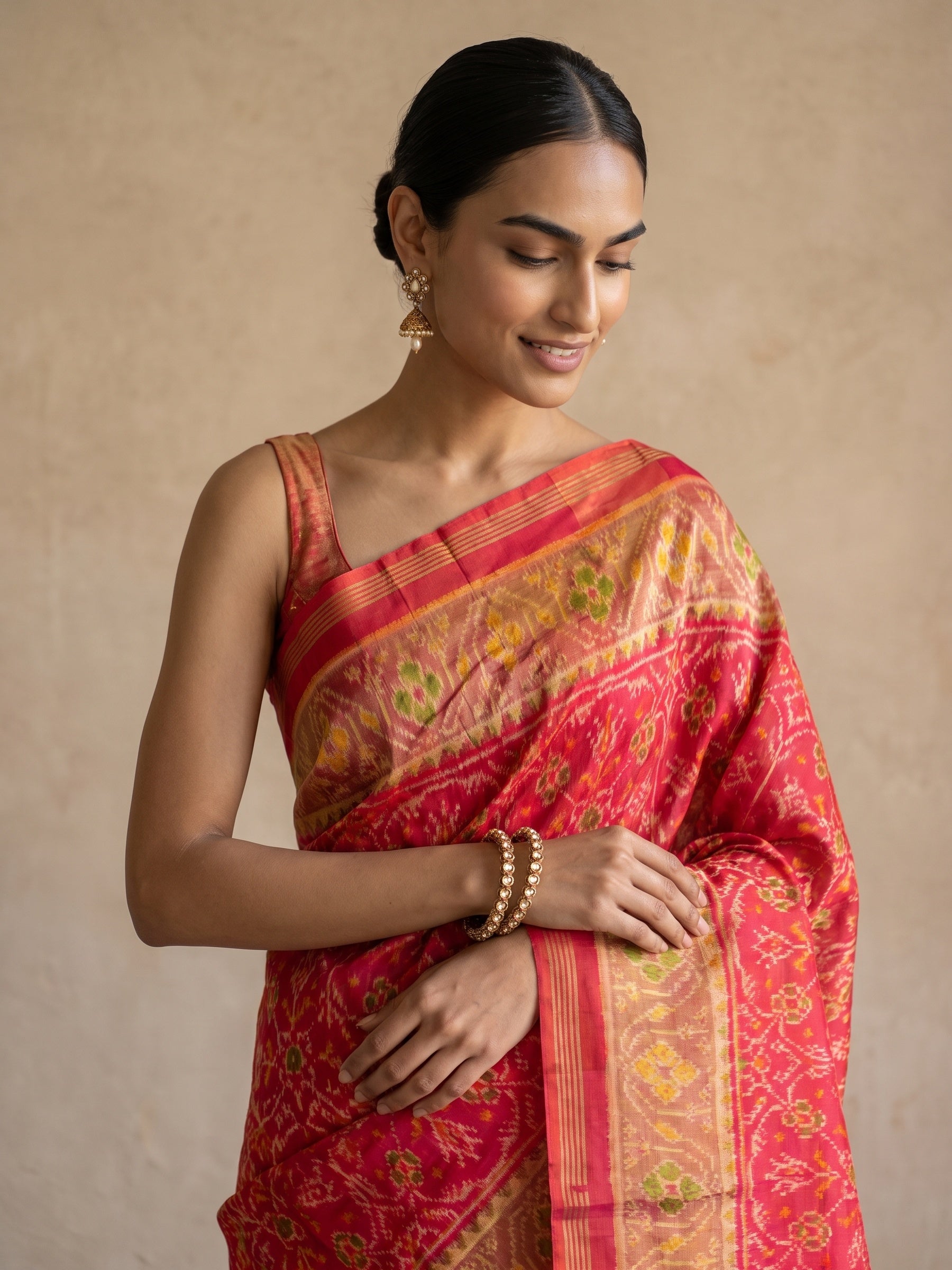Red Ikat Silk Saree - portrait