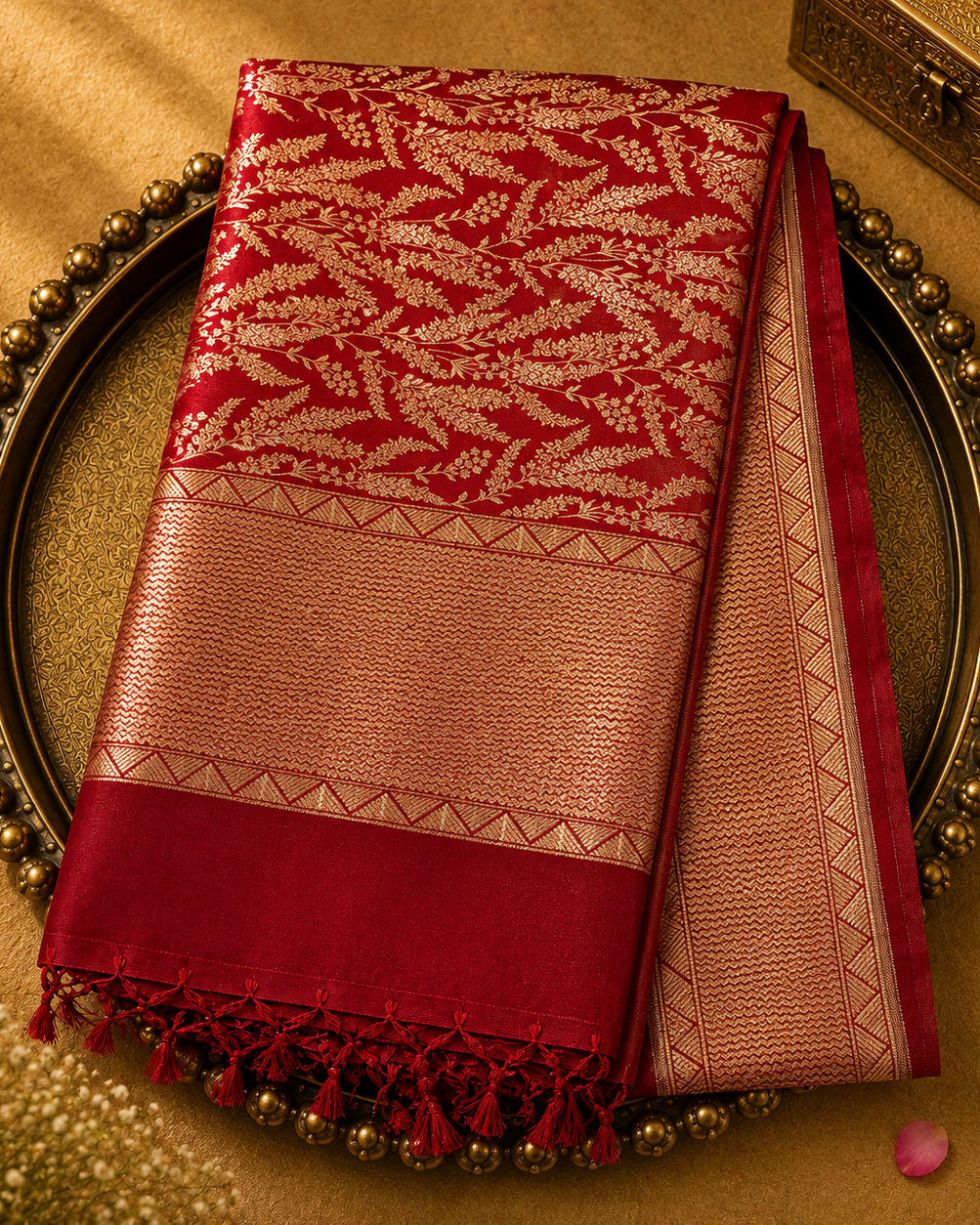 Bright Red Organza Saree with Gold Zari Weave & Red-Gold Border