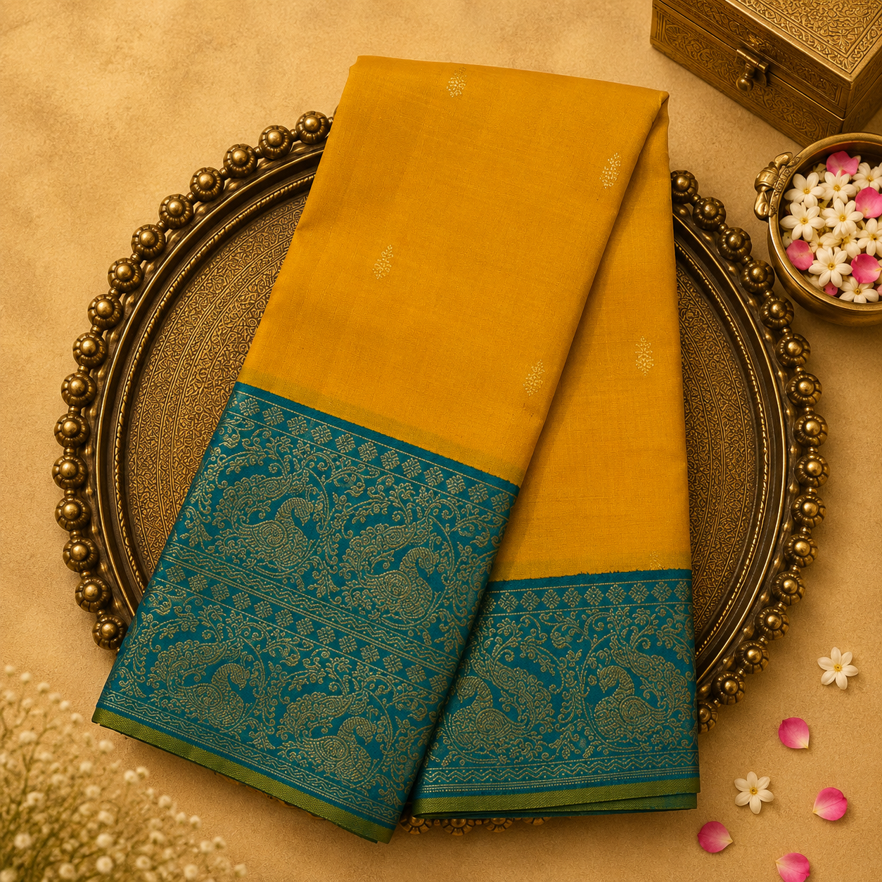 Bright Yellow Kanjeevaram Silk Saree with Gold Buttas & Teal Peacock Border