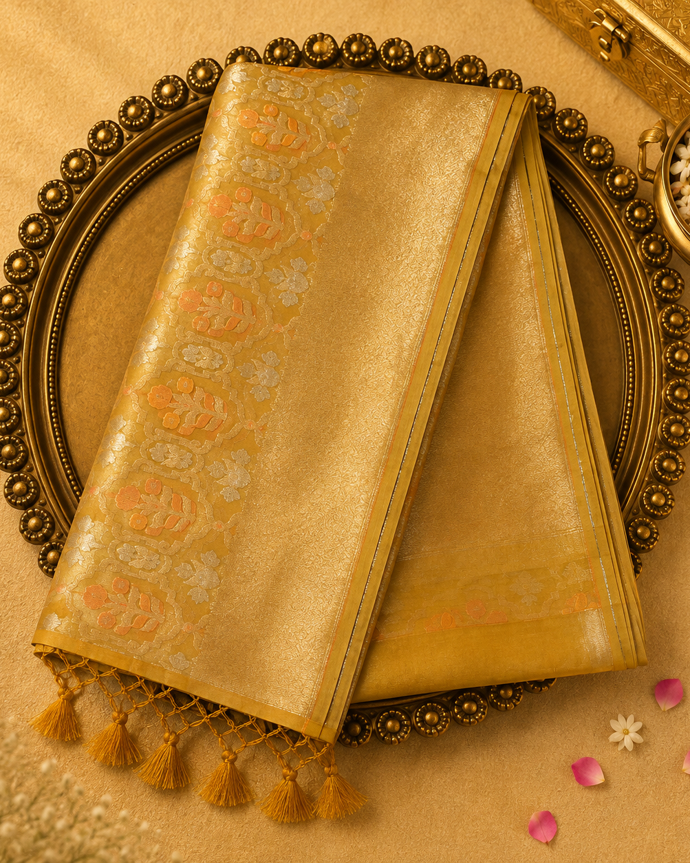 Light Yellow Banarasi Organza Kora Silk Saree with Floral Weave & Yellow Zari Blouse
