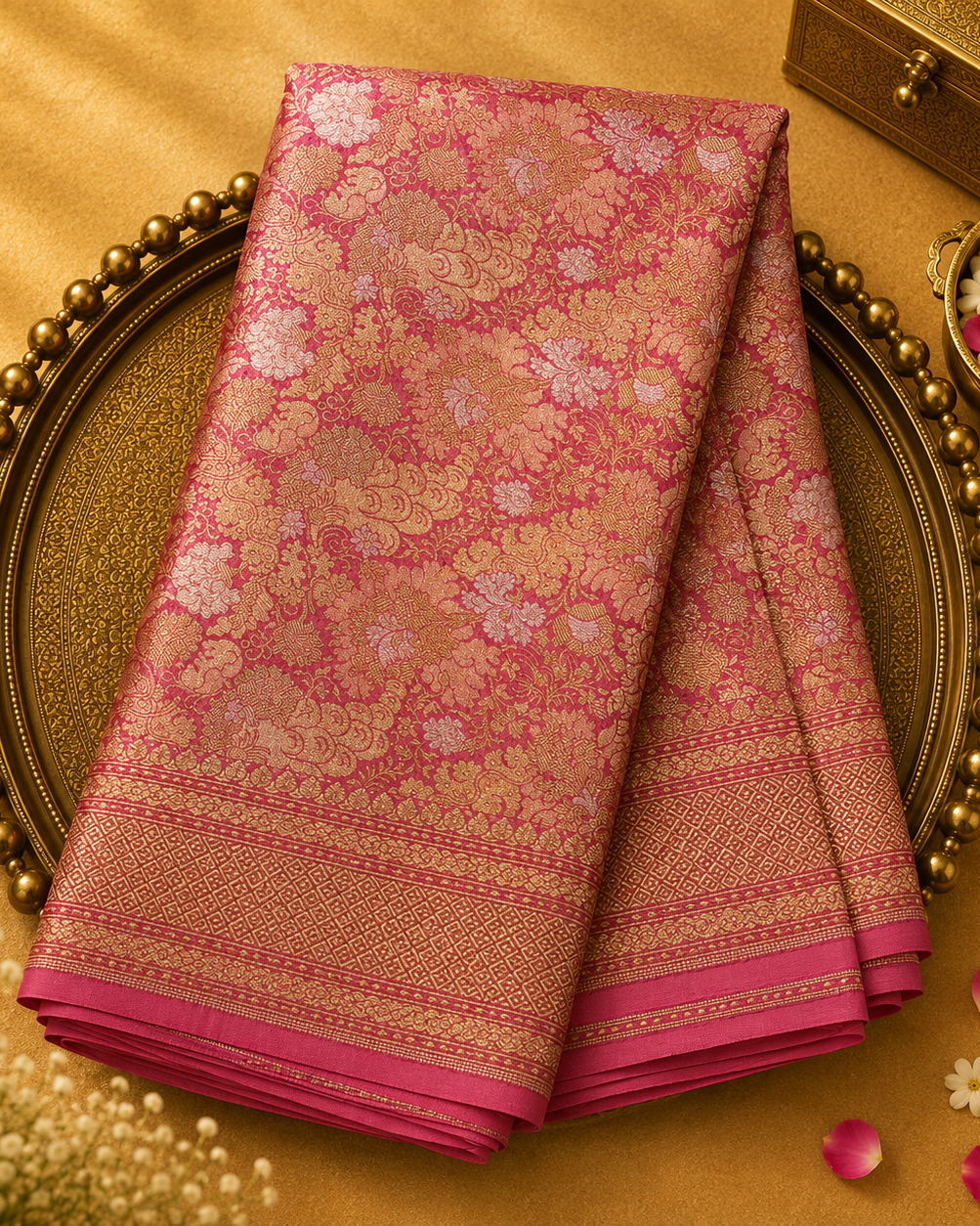 Light Pink Banarasi Silk Saree with Gold Zari Brocade & Gold Border