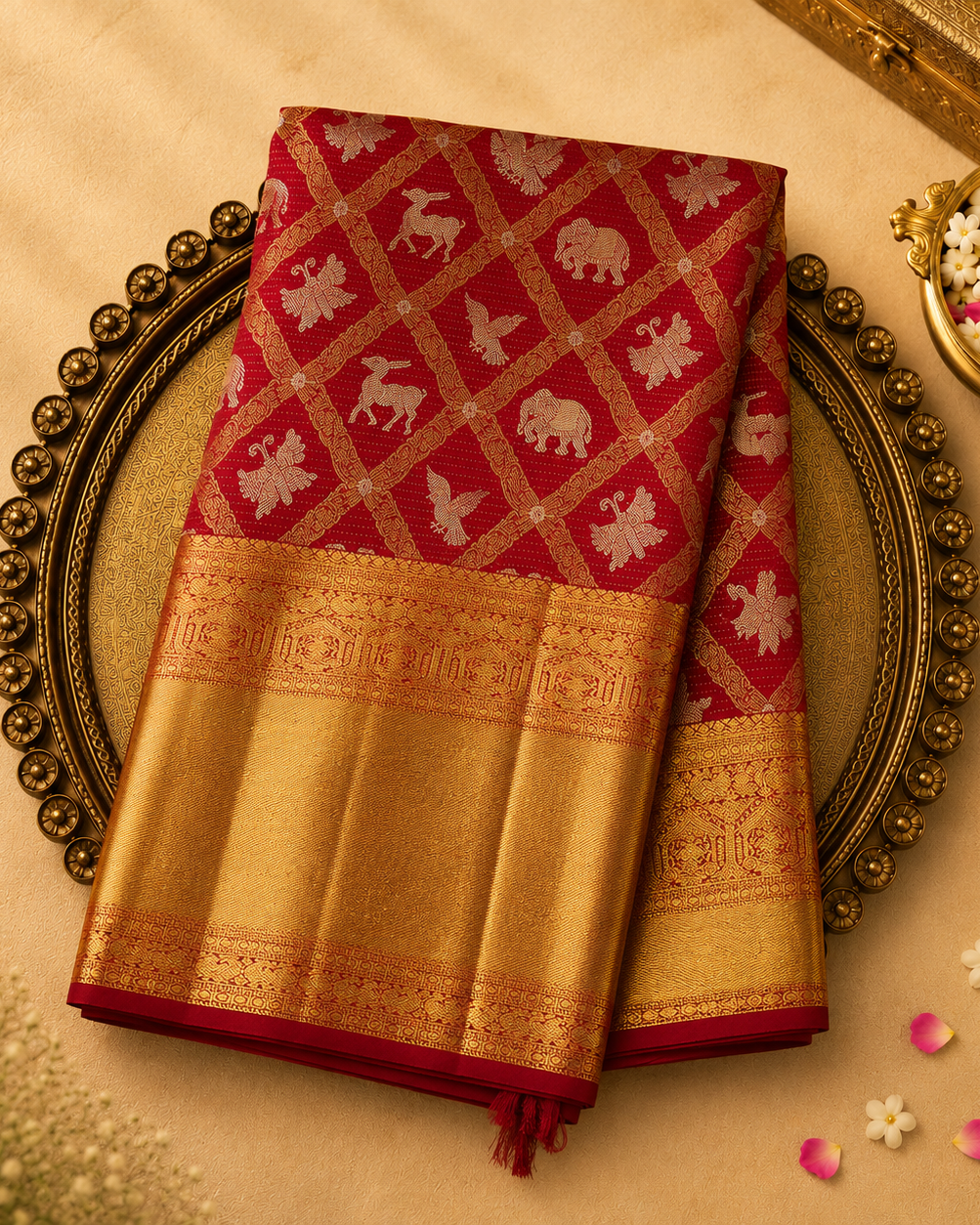 Bright Red Pure Tissue Silk Saree with Animal Motifs & Gold Zari Border