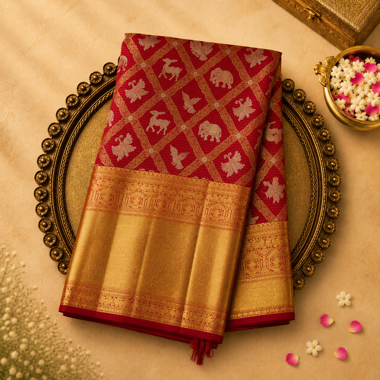 Bright Red Pure Tissue Silk Saree with Animal Motifs & Gold Zari Border
