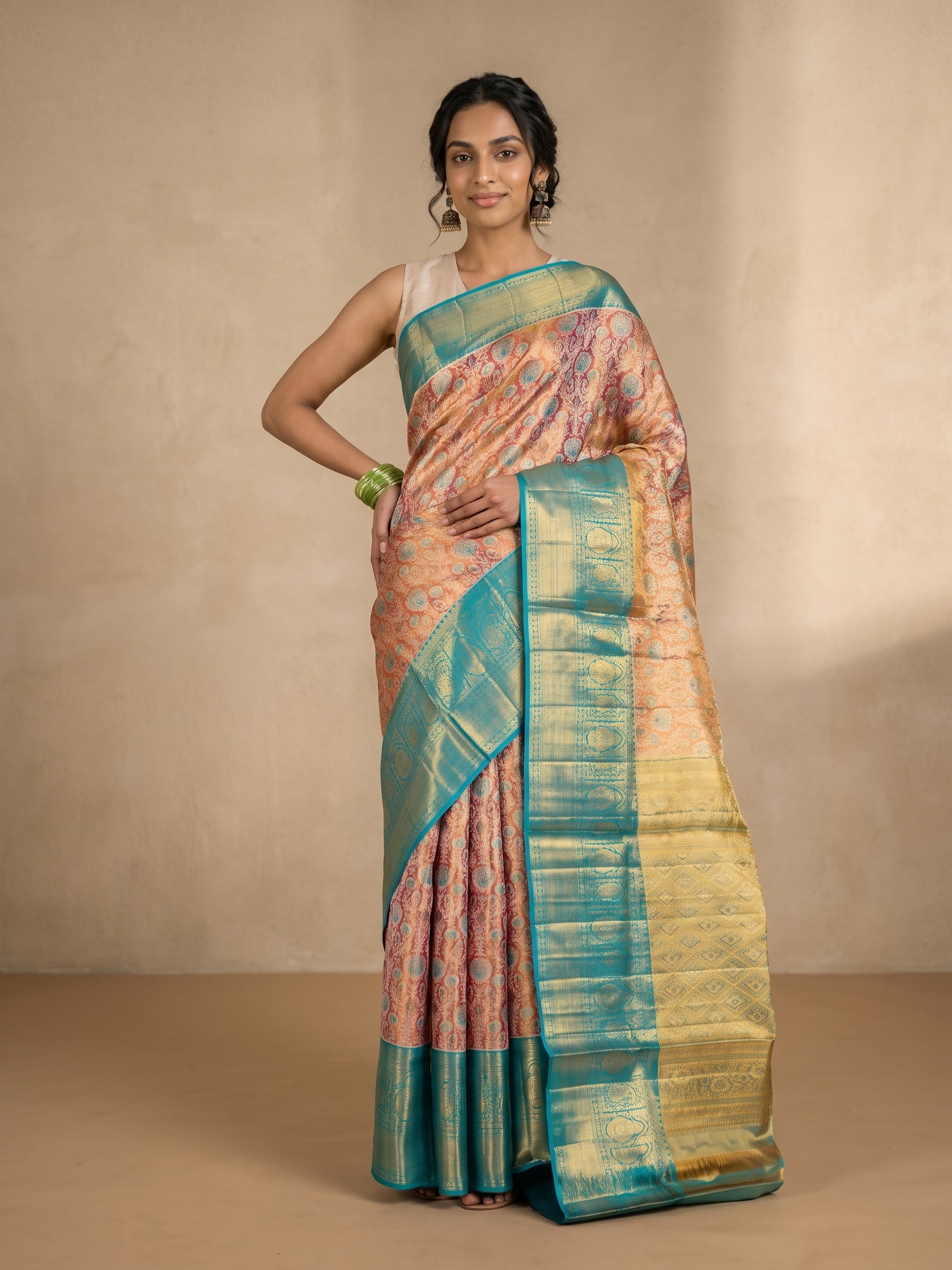 Rust Orange Pure Kanjivaram Tissue Silk Saree - front pose
