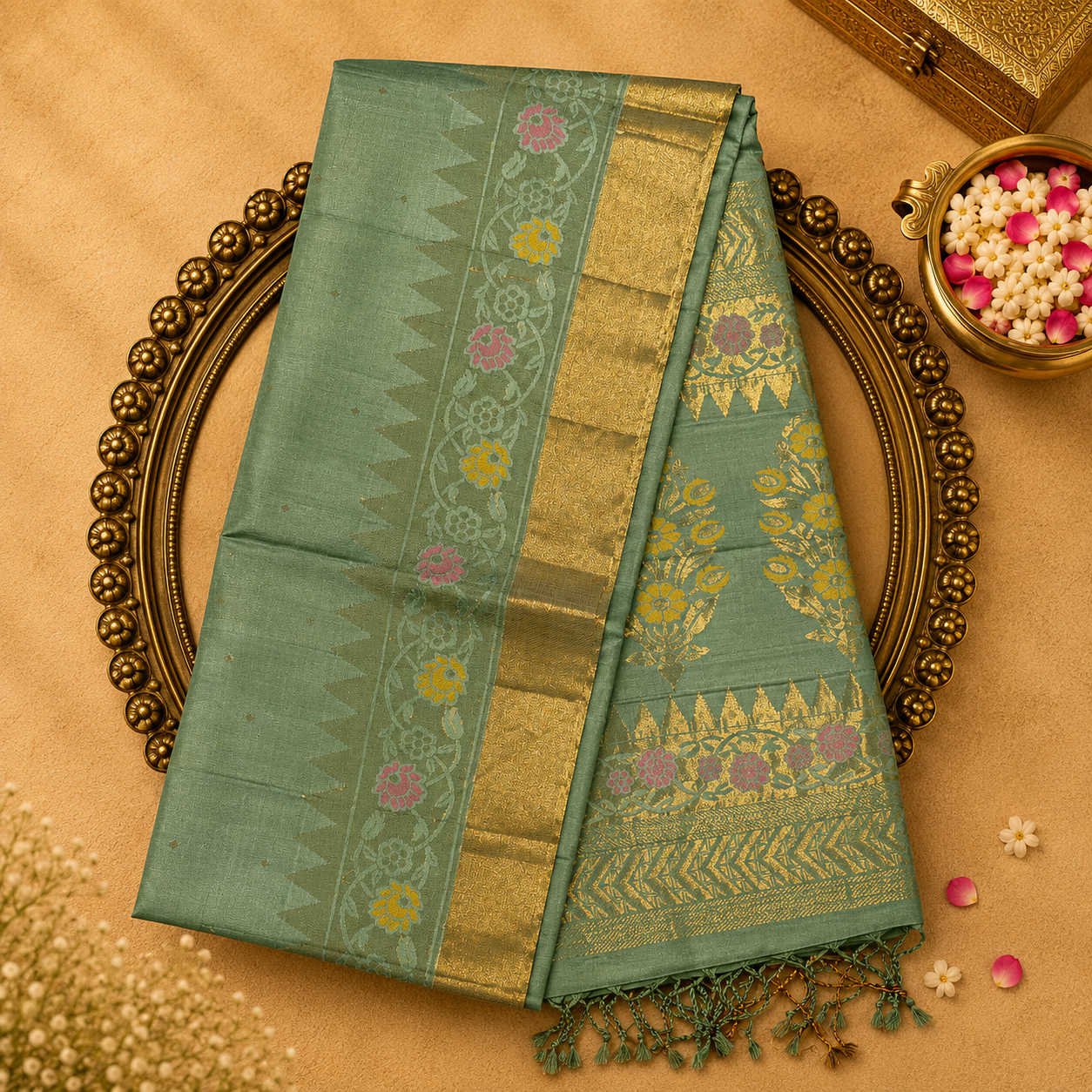 Light Green Soft Silk Saree with Gold Zari Dots, Floral Zari Border & Running Blouse