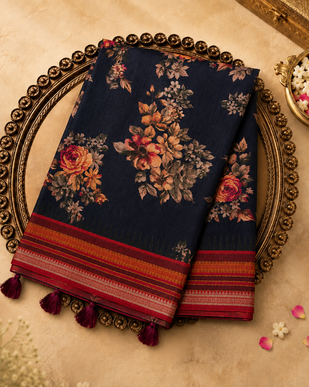 Dark Blue Semi Tussar Silk Saree with Floral Print & Multicolour Striped Border