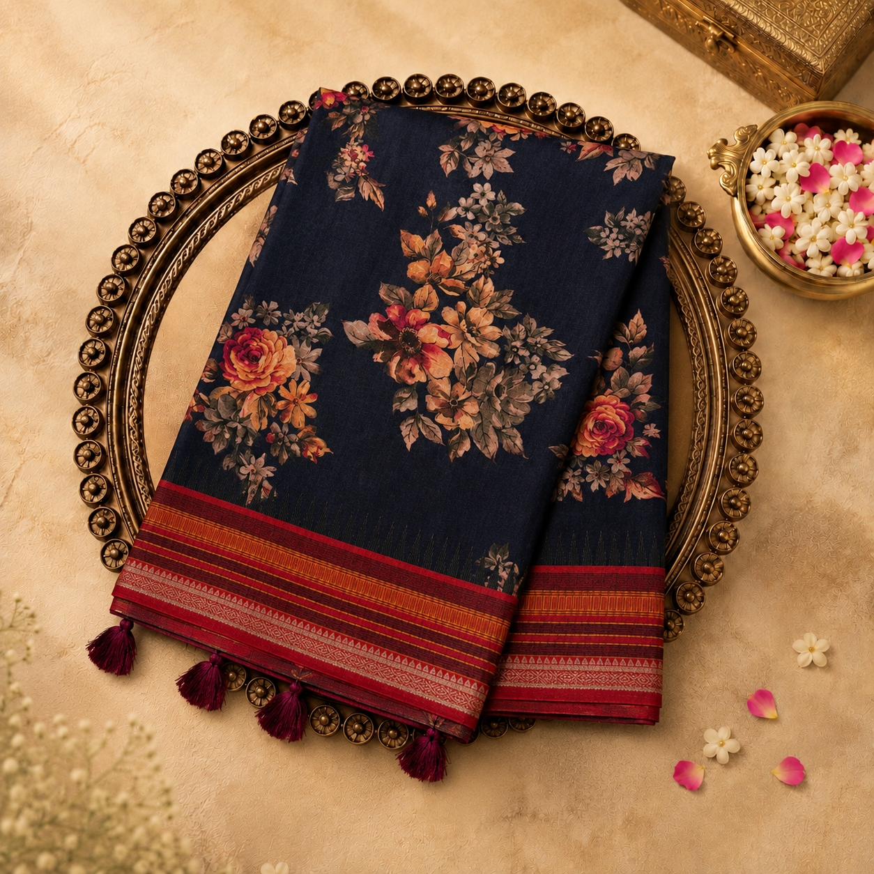 Dark Blue Semi Tussar Silk Saree with Floral Print & Multicolour Striped Border