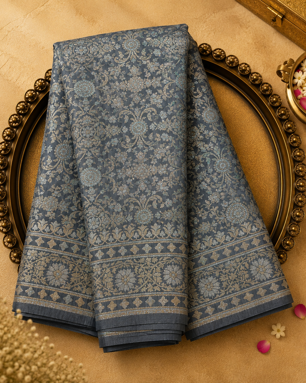 Grey Semi Banarasi Silk Saree with Floral Weave & Gold Floral Border