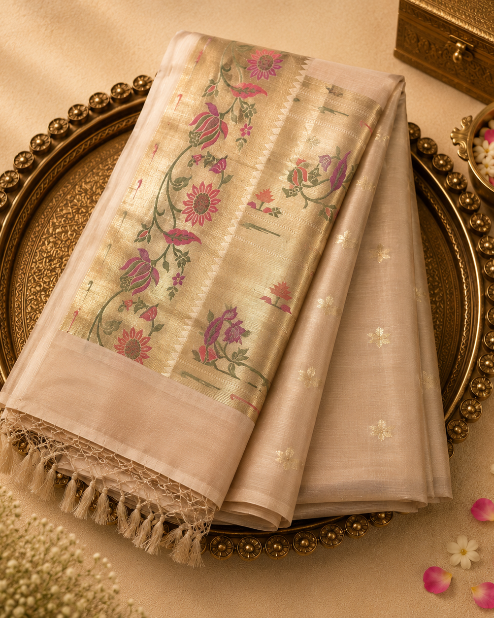 Cream Tussar Silk Saree with Gold Zari Motifs & Floral Pallu