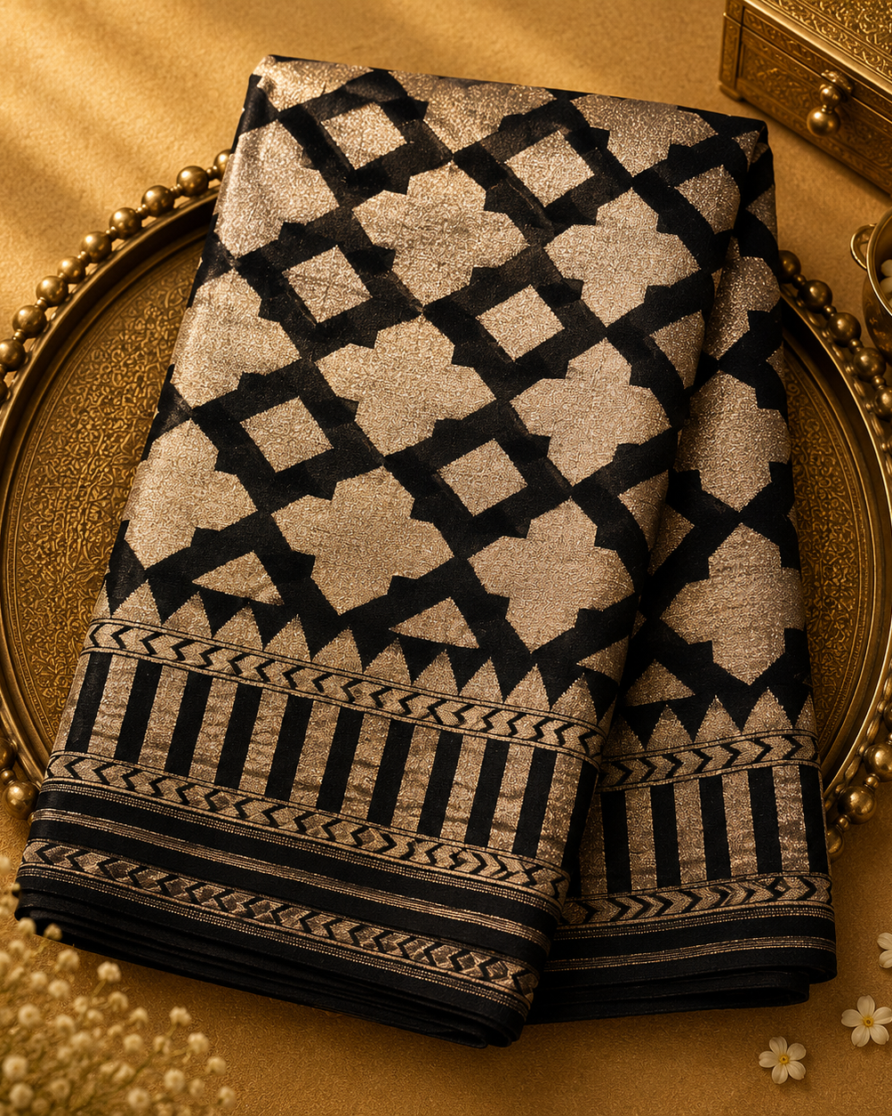 Black Banarasi Silk Saree with Gold Zari Motifs & Zari Border