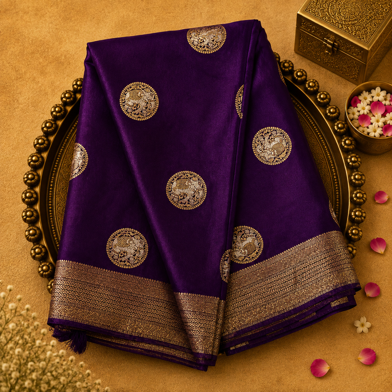 Bright Purple Satin Crepe Silk Saree with Elephant Zari Motifs & Gold Border