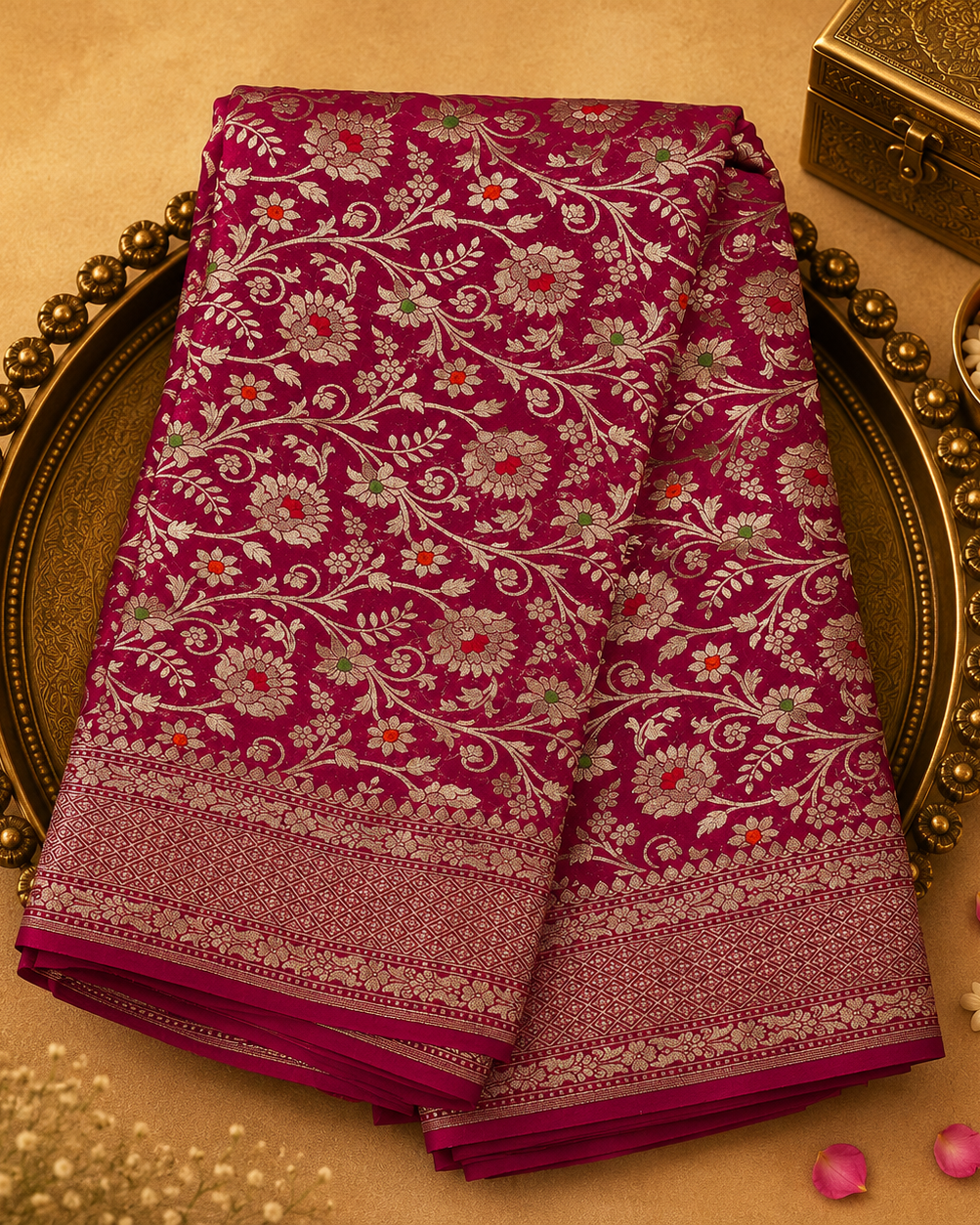Bright Pink Pure Banarasi Georgette Saree with Gold Zari Brocade, Floral Border & Pink Blouse