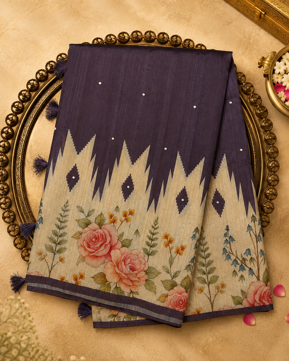 Dusky Purple Semi Tussar Silk Saree with White Floral Print Border