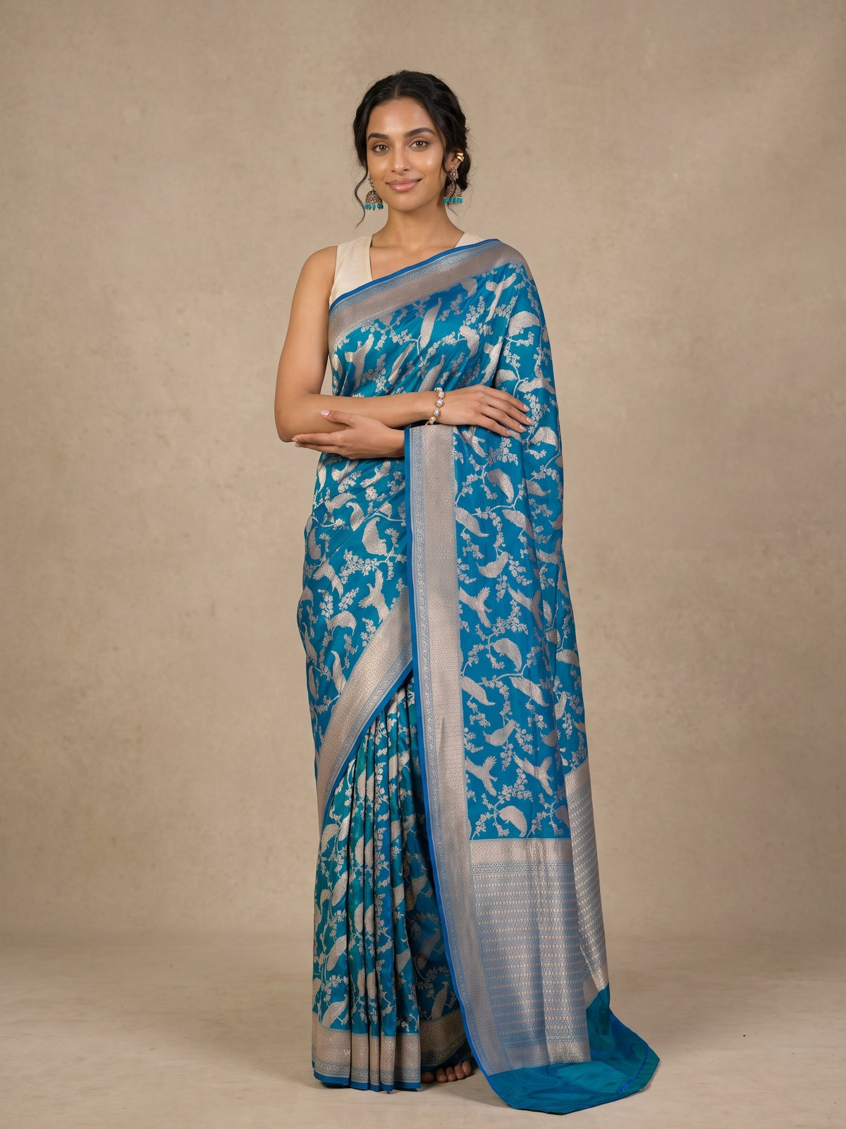Peacock Blue Banaras Georgette Saree - front pose