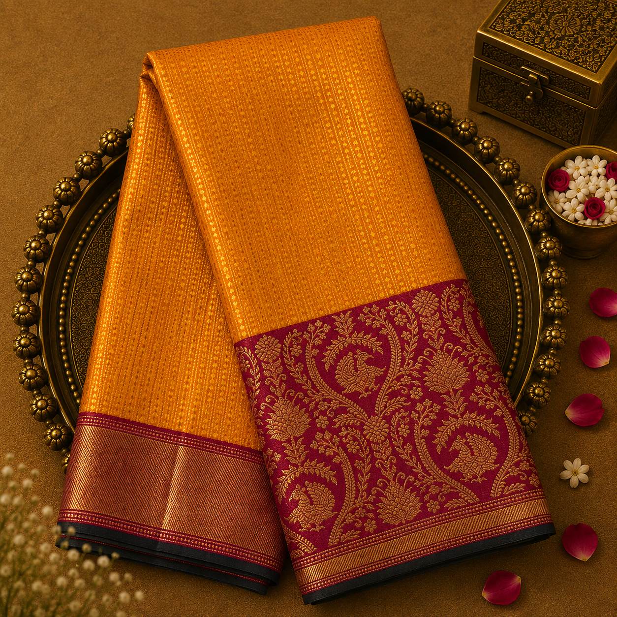 Yellow Kanjeevaram Silk Saree with Gold Zari, Broad Pink-Gold Border & Pink Blouse