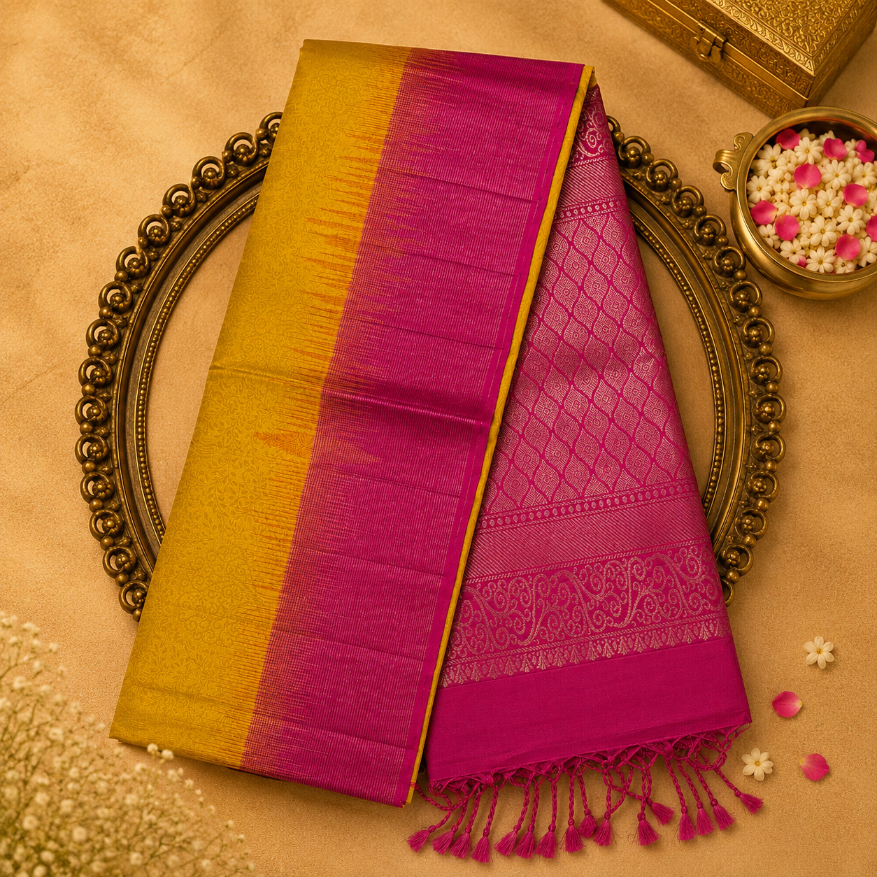 Bright Yellow Soft Silk Saree with Silver Zari, Pink Pallu & Blouse