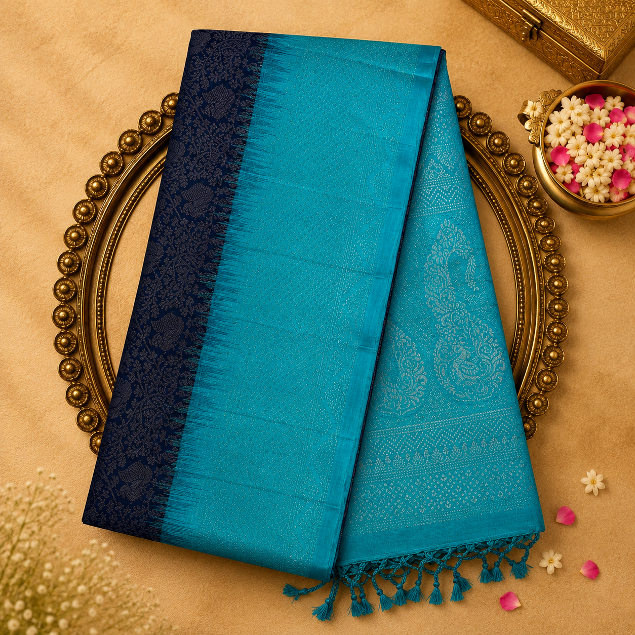 Dark Blue Pure Soft Silk Saree with Silver Zari, Teal Border, Pallu & Blouse