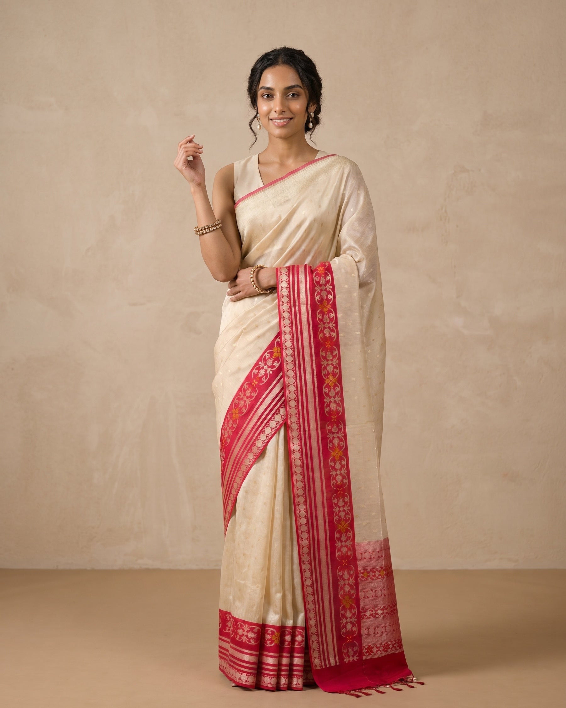 Beige Banaras Tussar Silk Saree - front standing