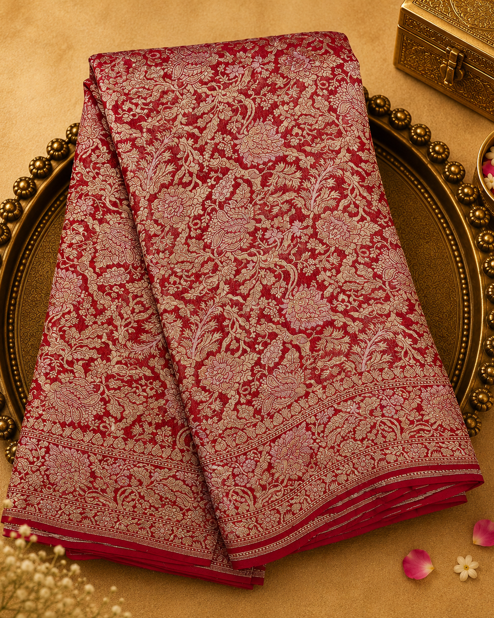 Bright Red Pure Banarasi Georgette Saree with Gold Floral Weave, Floral Border & Red Blouse
