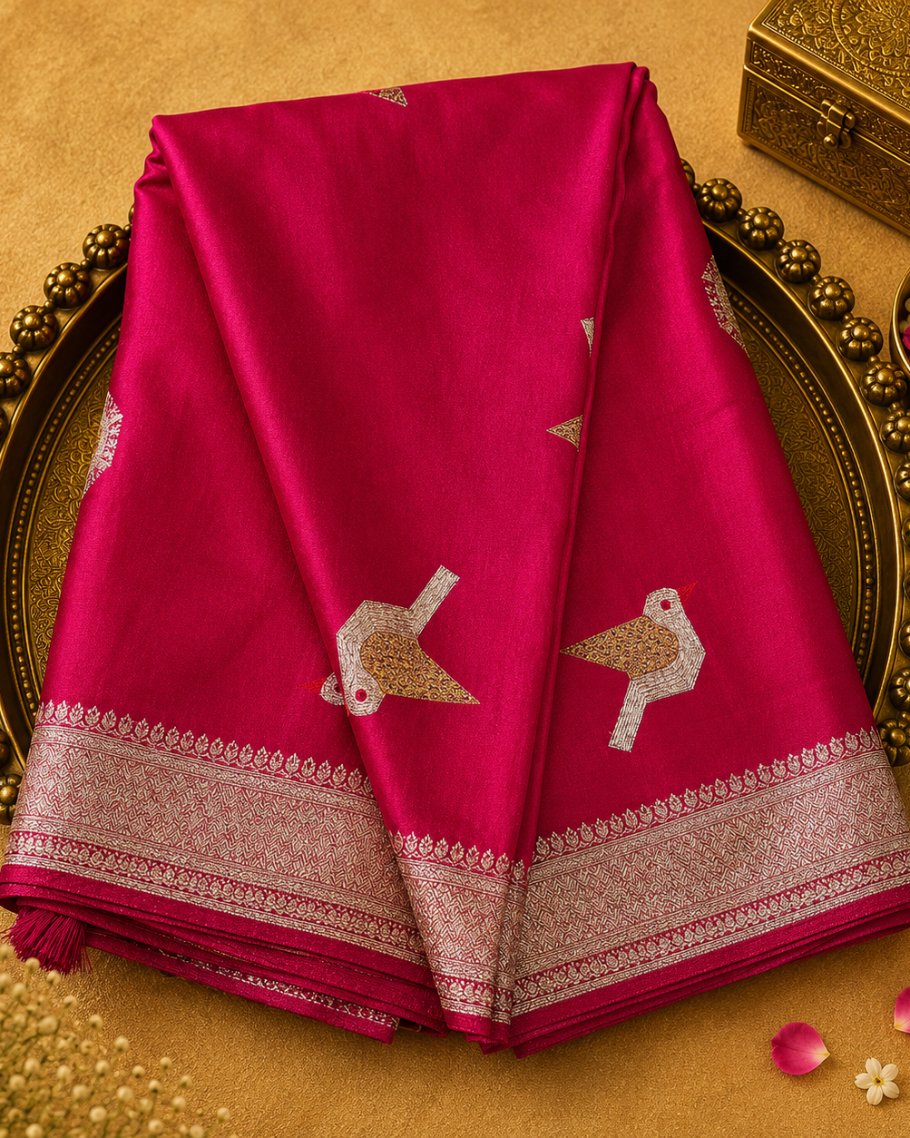 Bright Pink Satin Crepe Silk Saree with Bird Zari Motifs & Gold Border