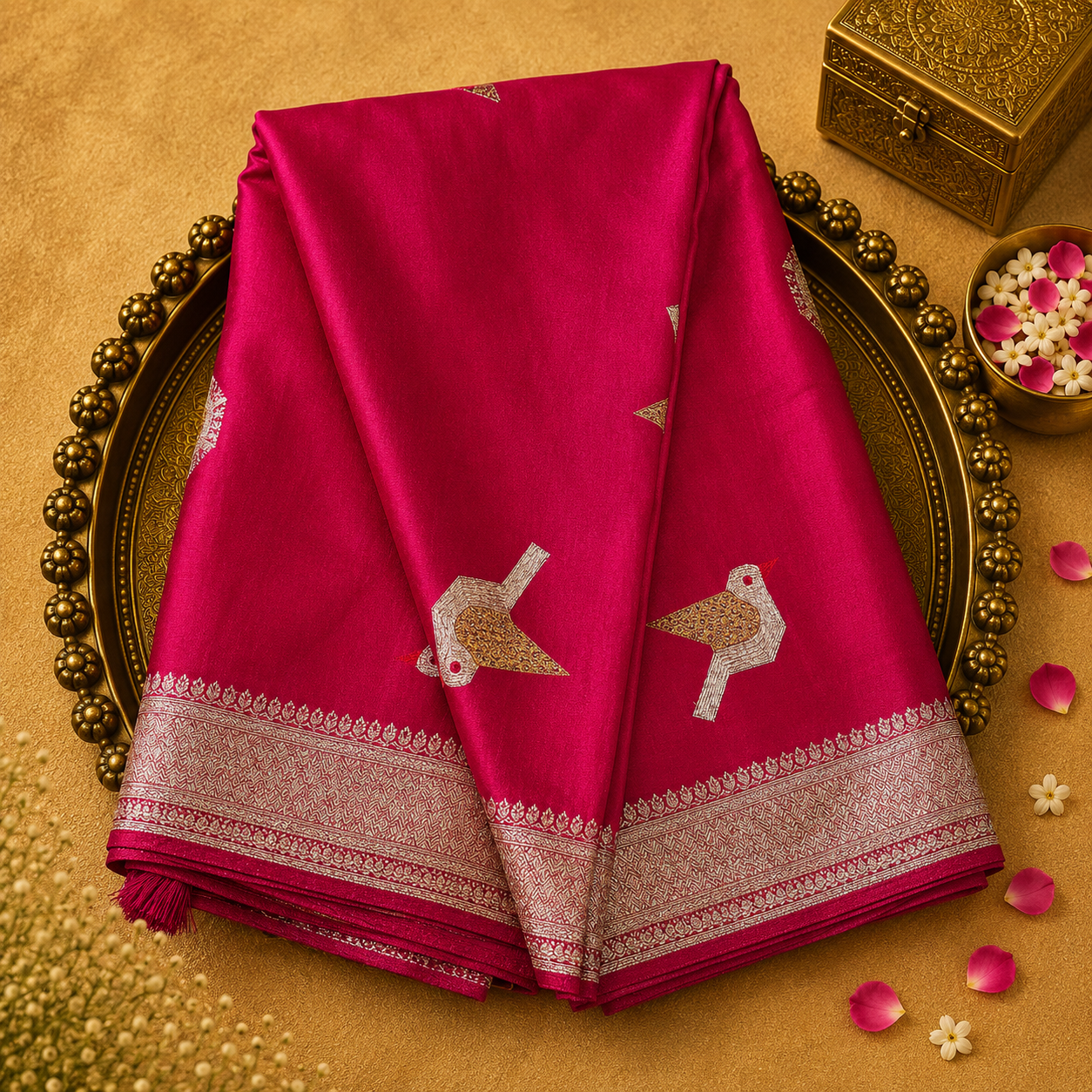 Bright Pink Satin Crepe Silk Saree with Bird Zari Motifs & Gold Border