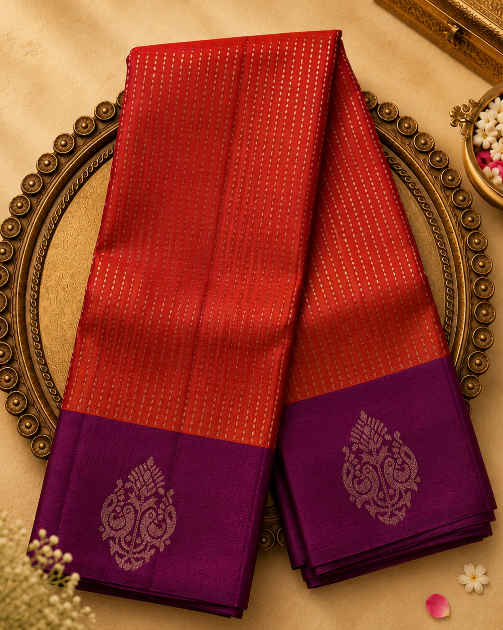 Bright Orange Silk Saree with Silver Zari & Purple-Gold Border