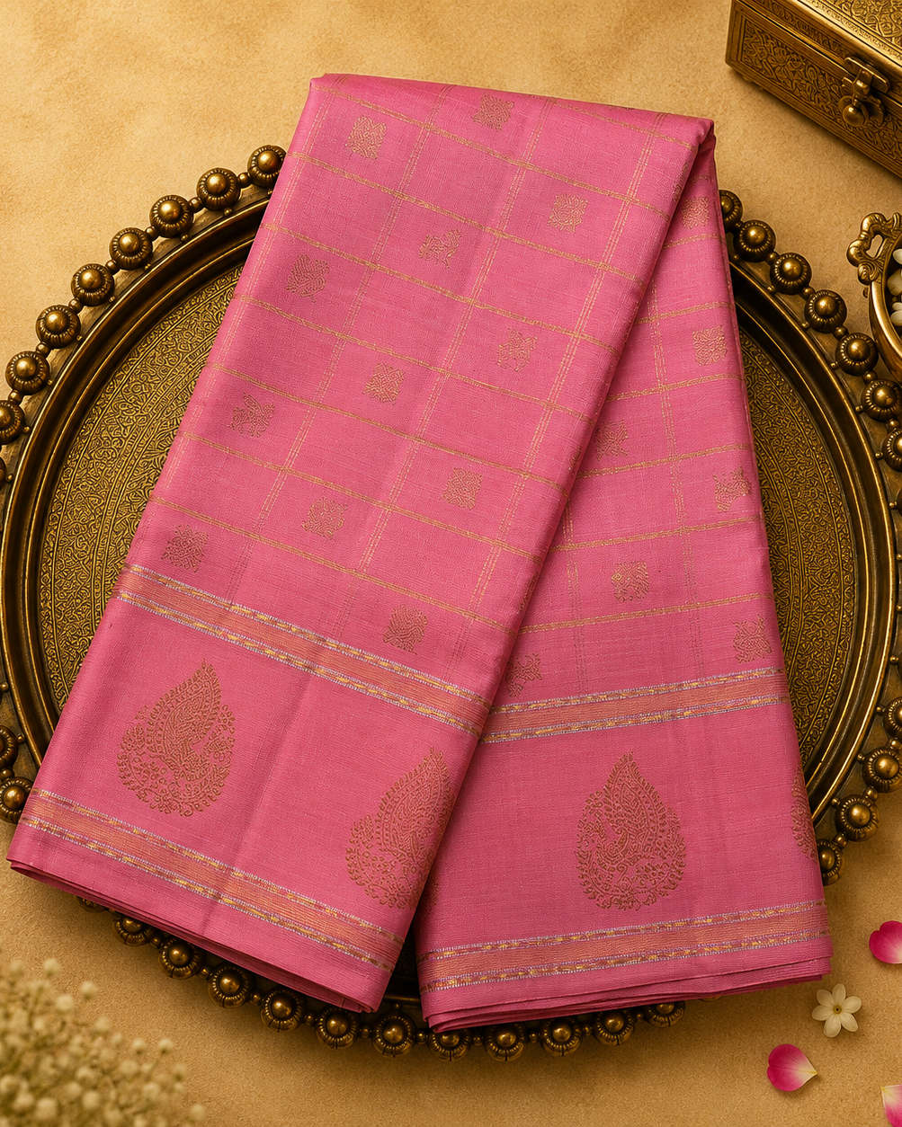 Dark Peach Kanjeevaram Silk Saree with Gold Zari Motifs & Motif Border