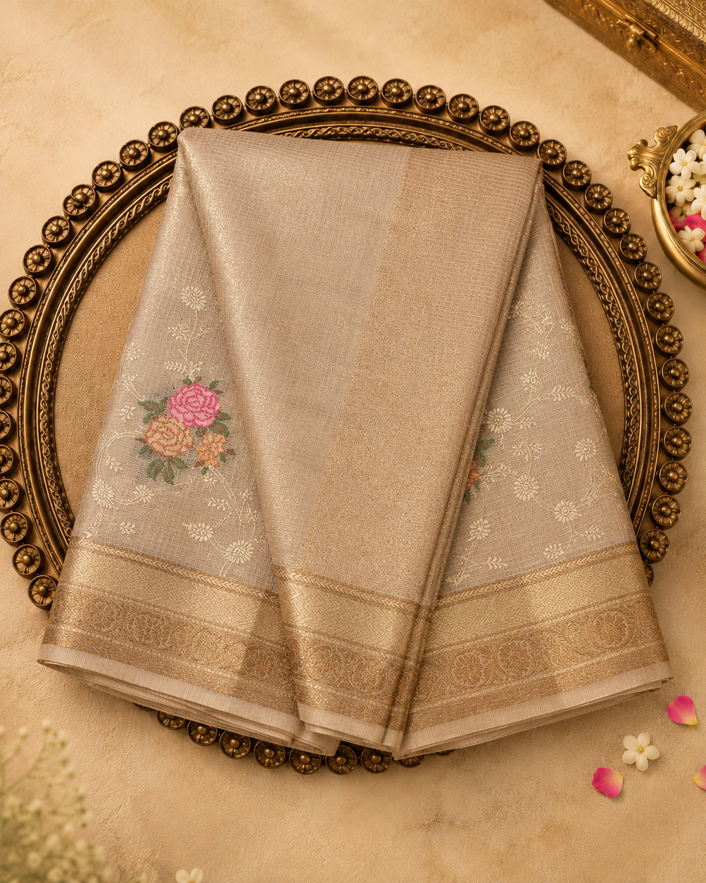 Ivory Kota Cotton Saree with Floral Embroidery, Gold Zari Border & Running Blouse