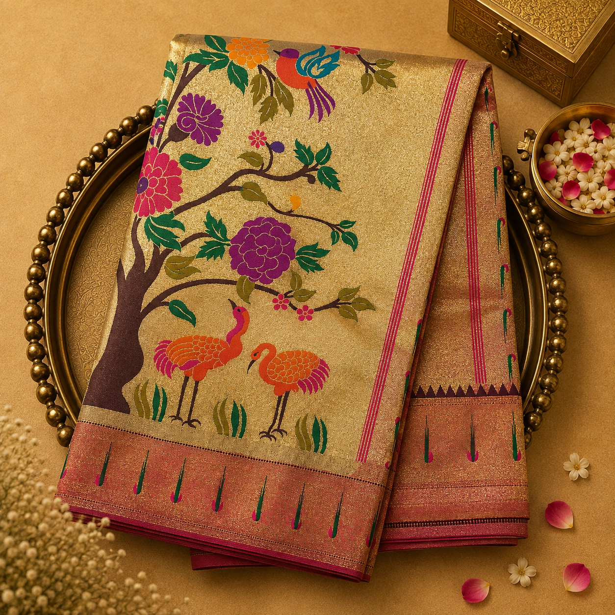 Gold-Pink Semi Tissue Silk Saree with Ikat Pallu & Pink Ikat Border