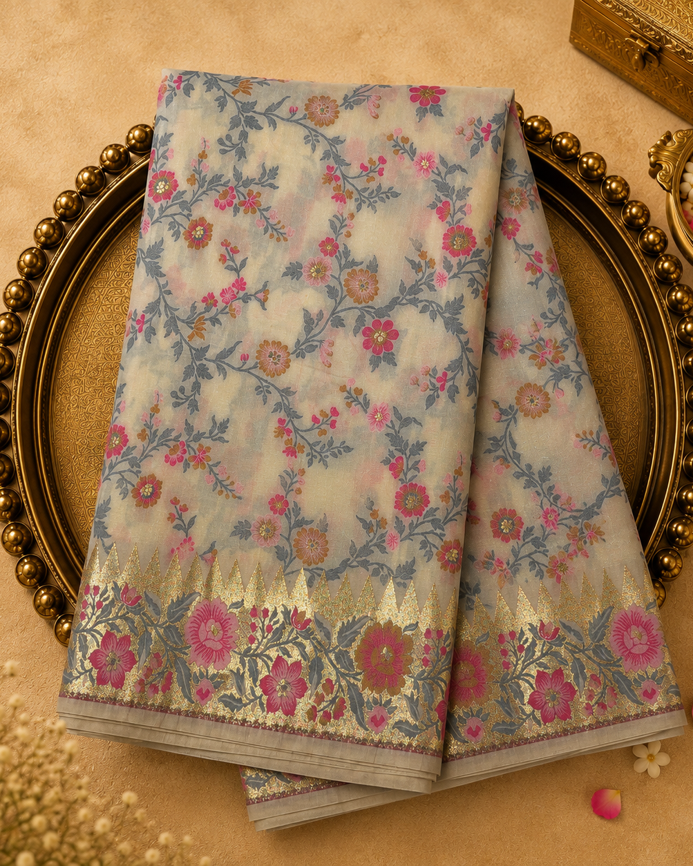 Half White Semi Banarasi Silk Saree with Floral Weave & Gold Floral Border