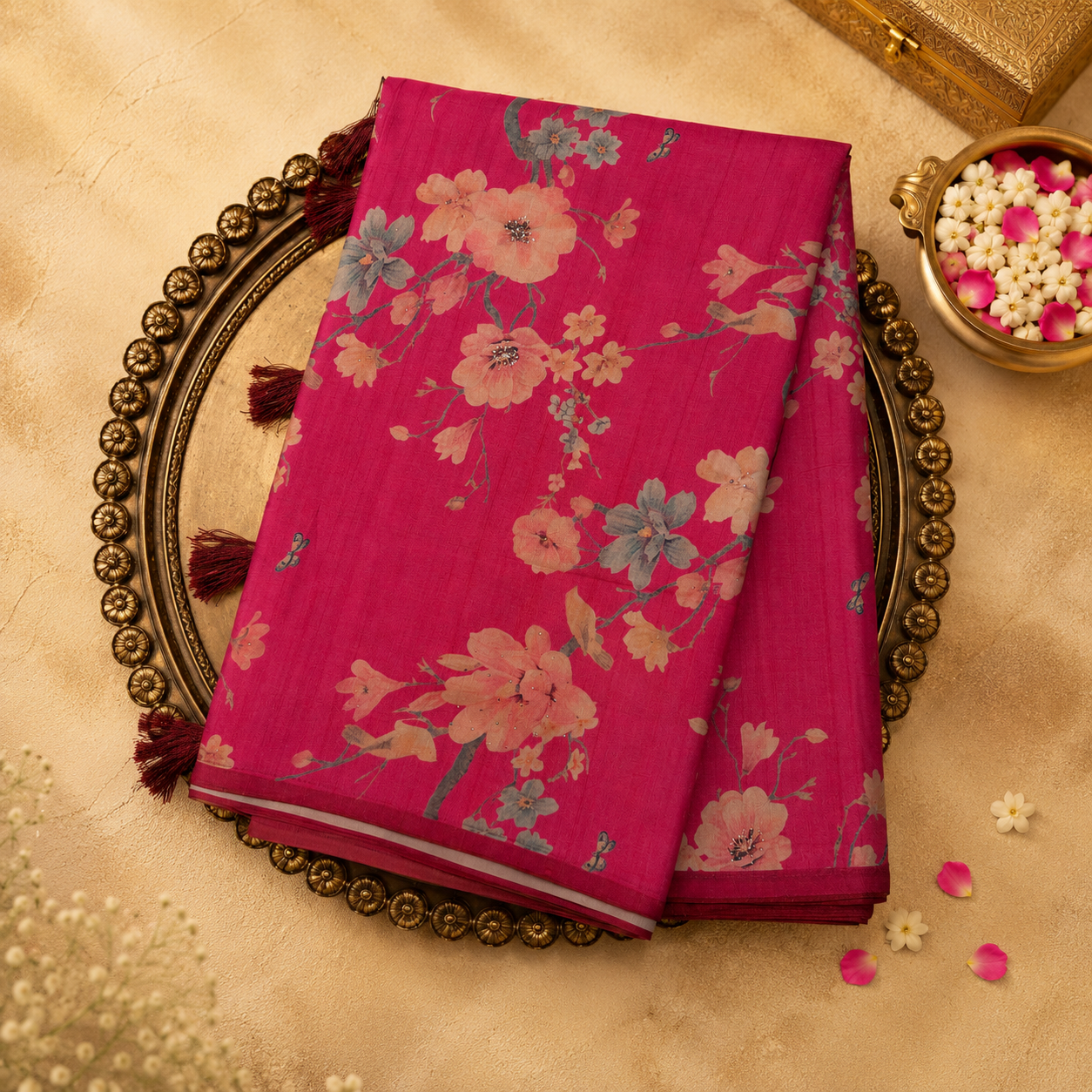 Bright Pink Semi Tussar Silk Saree with Floral Print