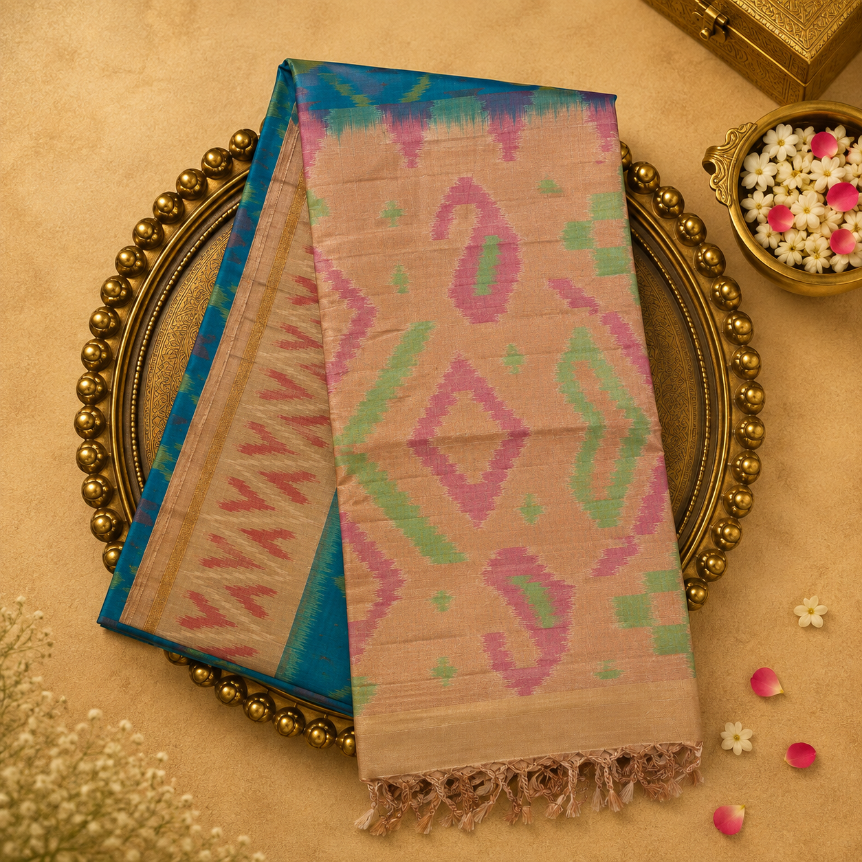 Teal Green Pure Soft Silk Ikat Saree with Beige Border