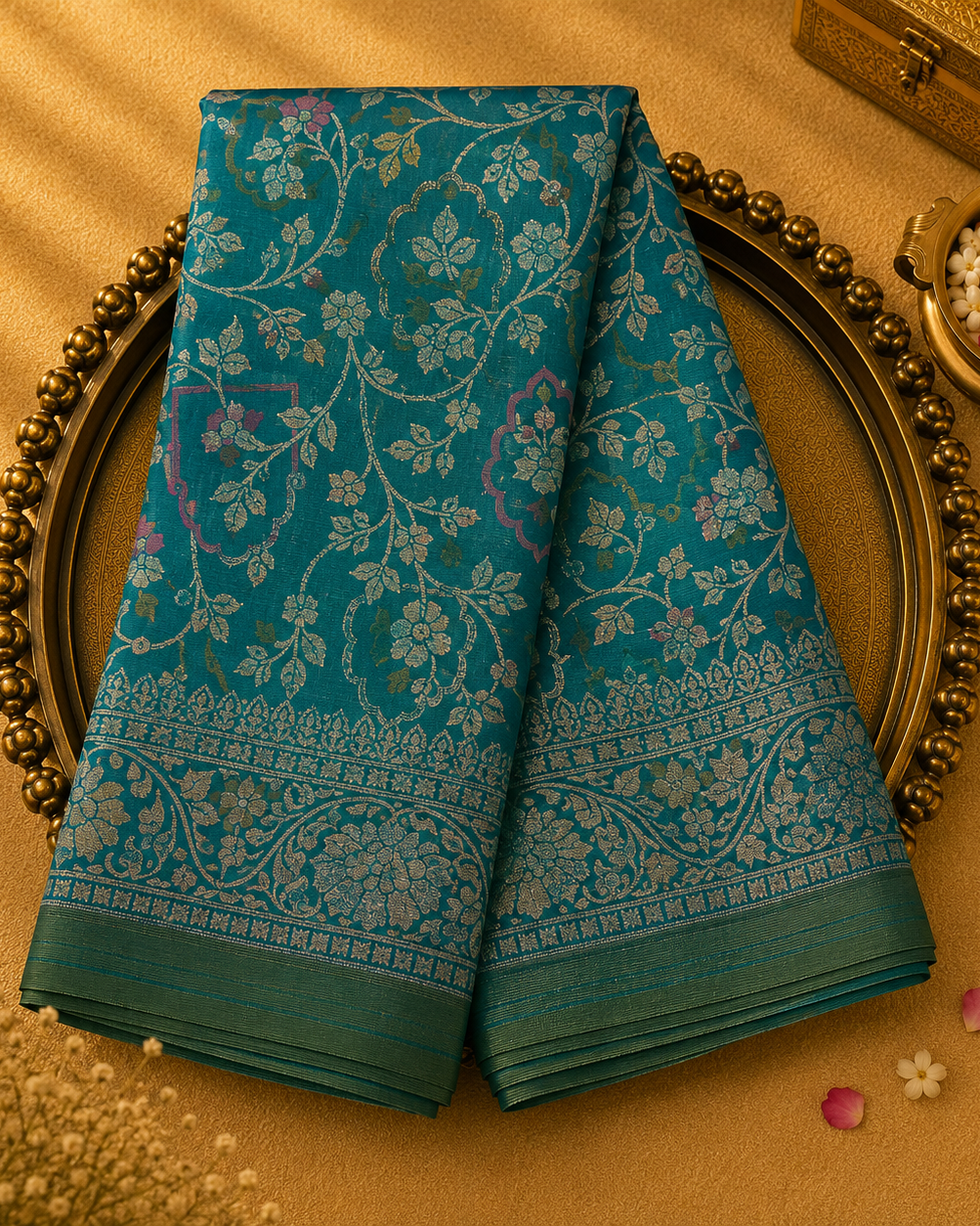 Teal Green Semi Banarasi Silk Saree with Silver Floral Zari & Floral Border