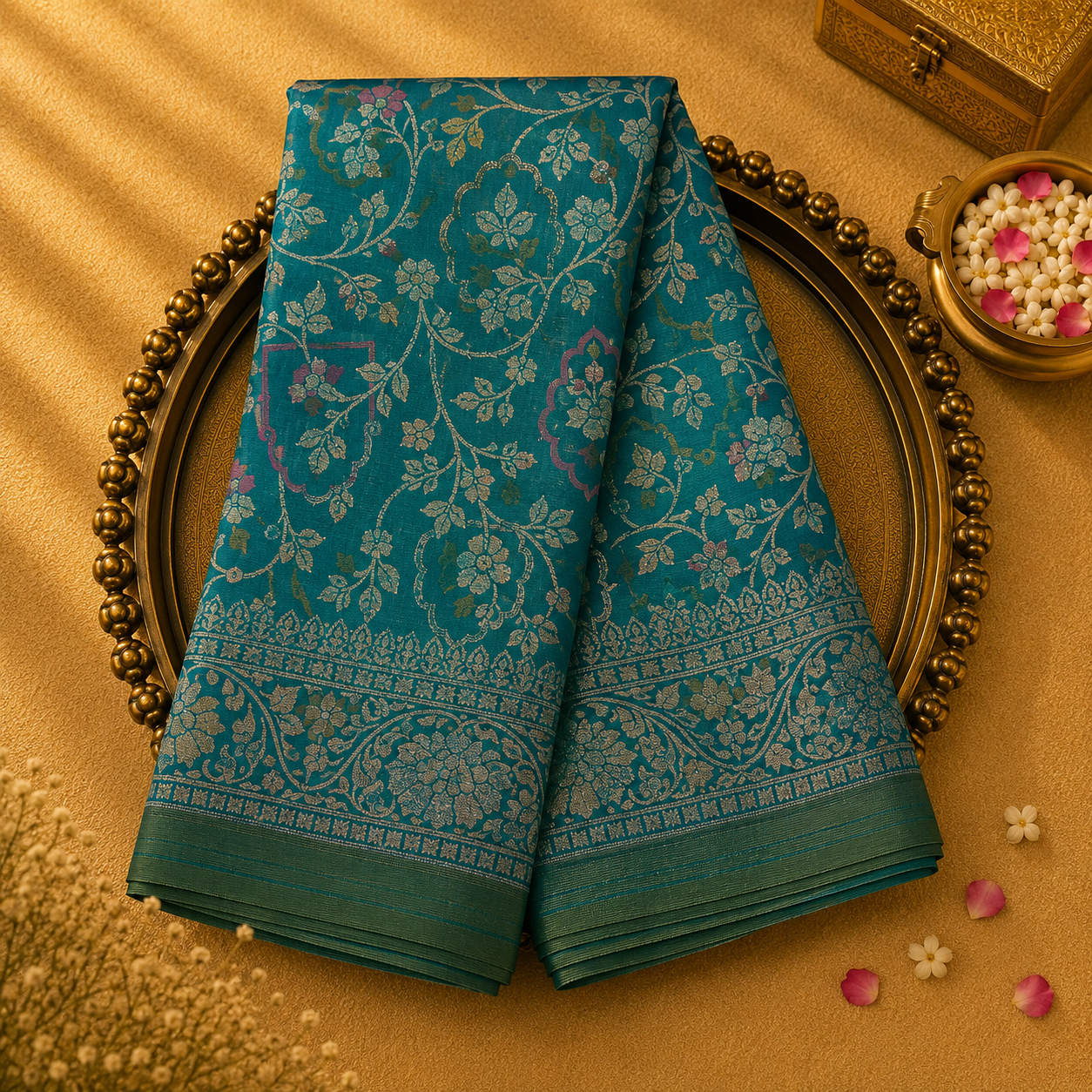 Teal Green Semi Banarasi Silk Saree with Silver Floral Zari & Floral Border