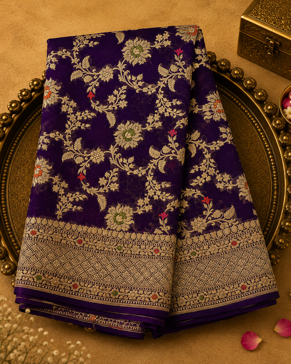 Bright Purple Pure Banarasi Georgette Saree with Floral Zari, Gold Border & Purple Blouse