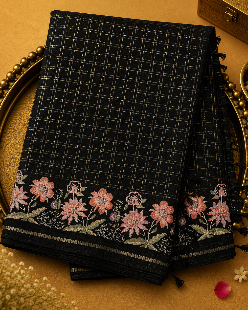 Black Semi Tussar Silk Saree with Gold Zari Checks & Floral Embroidery Border