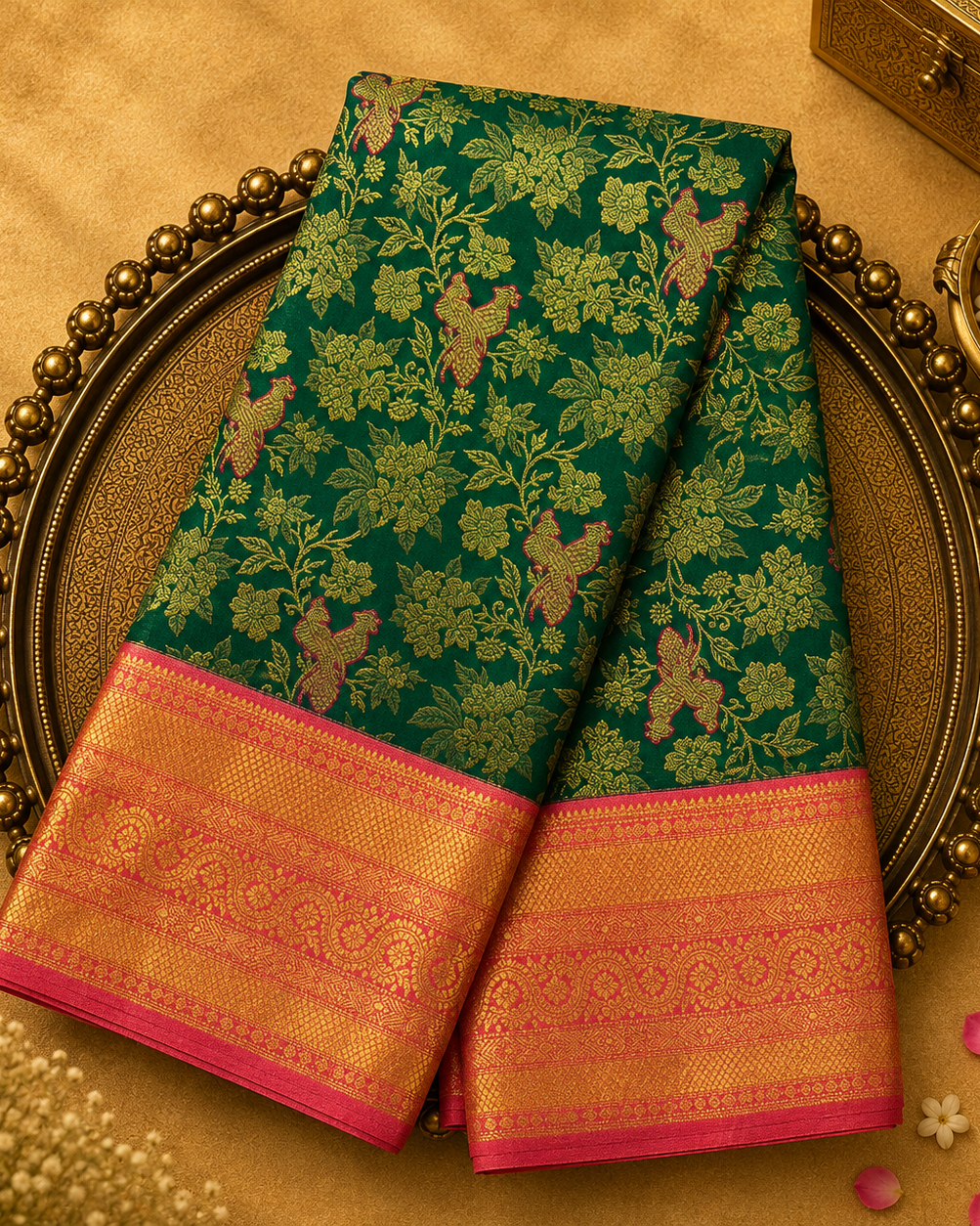 Dark Green Kanjeevaram Silk Saree with Floral Brocade & Peach-Gold Border