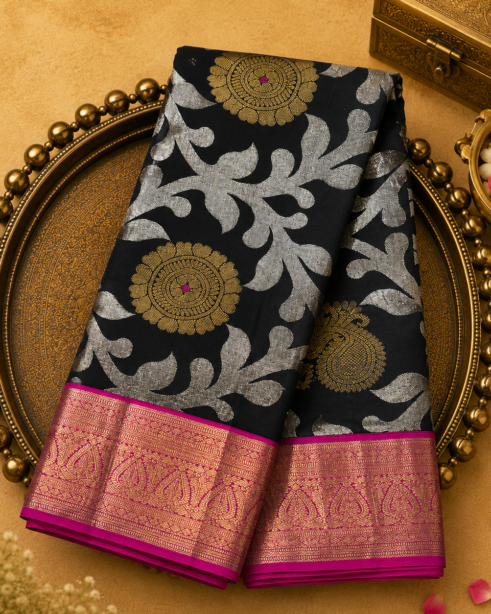 Black Pure Silk Saree with Gold Zari Buttas & Pink-Gold Border
