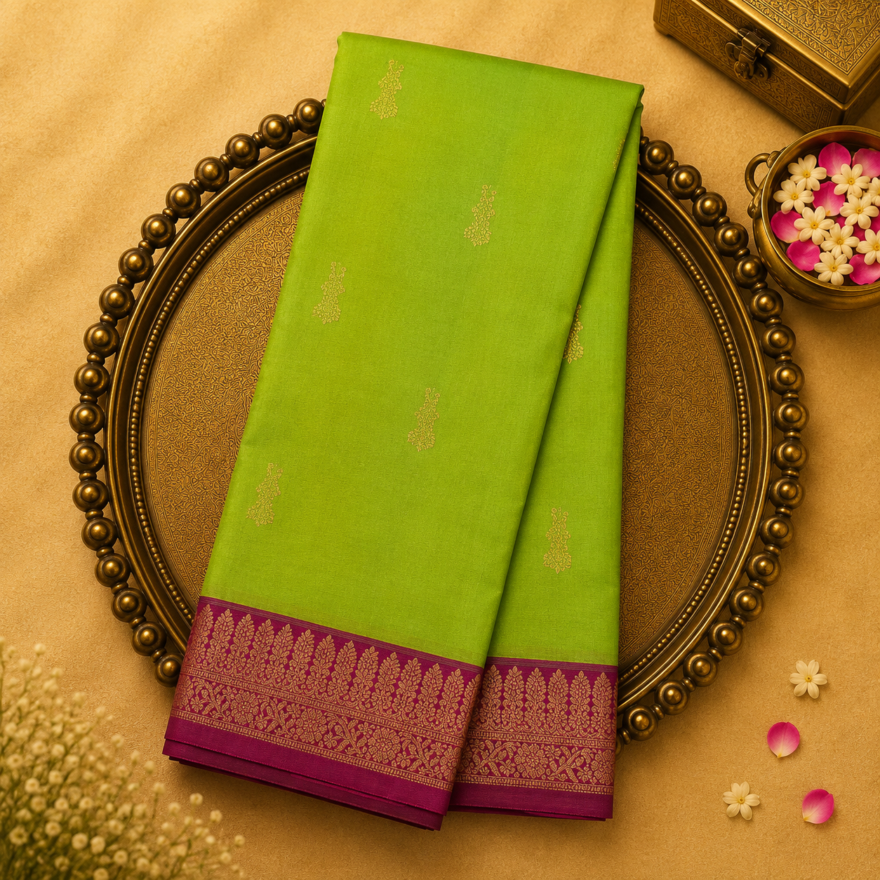 Bright Green Silk Saree with Gold-Toned Zari Motifs and Pink and Gold Traditional Border