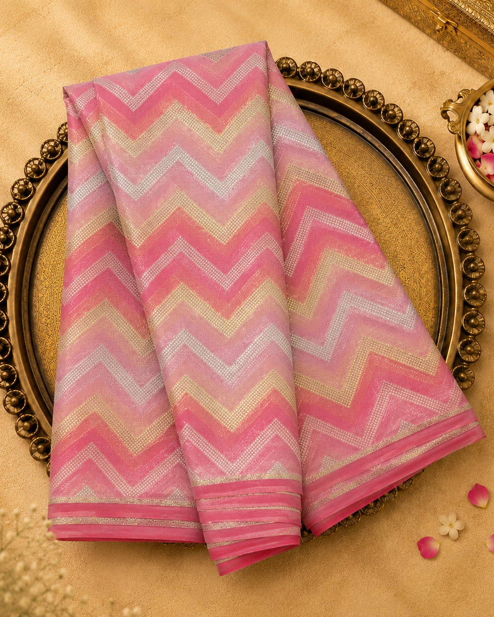 Pink Tussar Silk Saree with Gold Zari Zigzag Weave