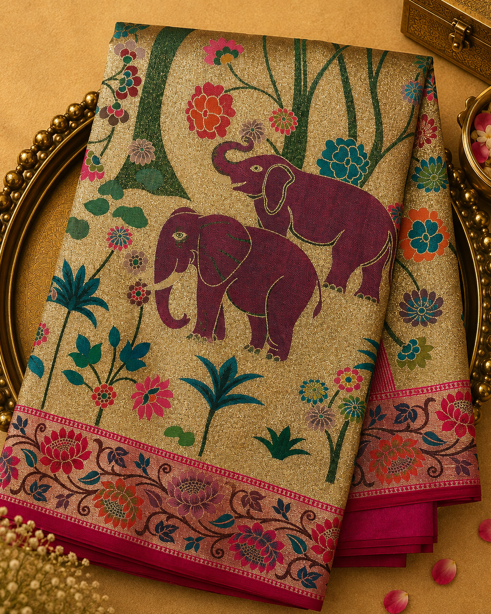 Gold-Silver Tusser Silk Ikat Saree with Pink Ikat Border