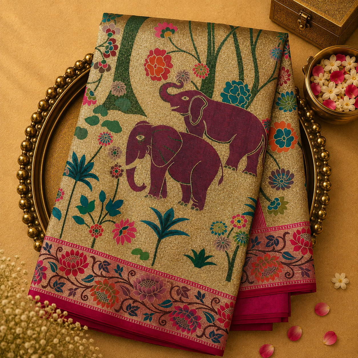 Gold-Silver Tusser Silk Ikat Saree with Pink Ikat Border