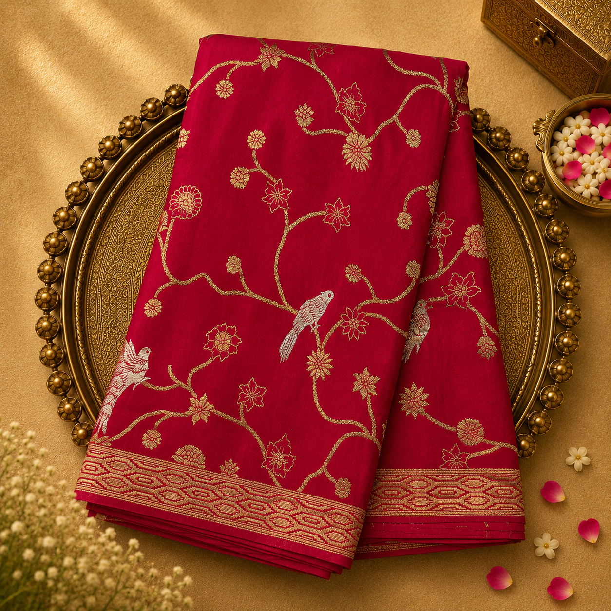Bright Red Banarasi Silk Saree with Floral-Bird Zari Weave & Gold Border