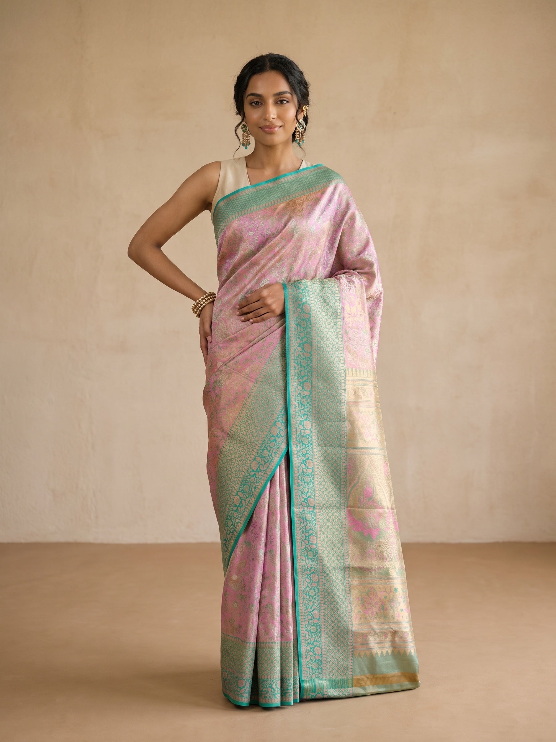 Pink Pure Kanjivaram Silk Saree - front standing