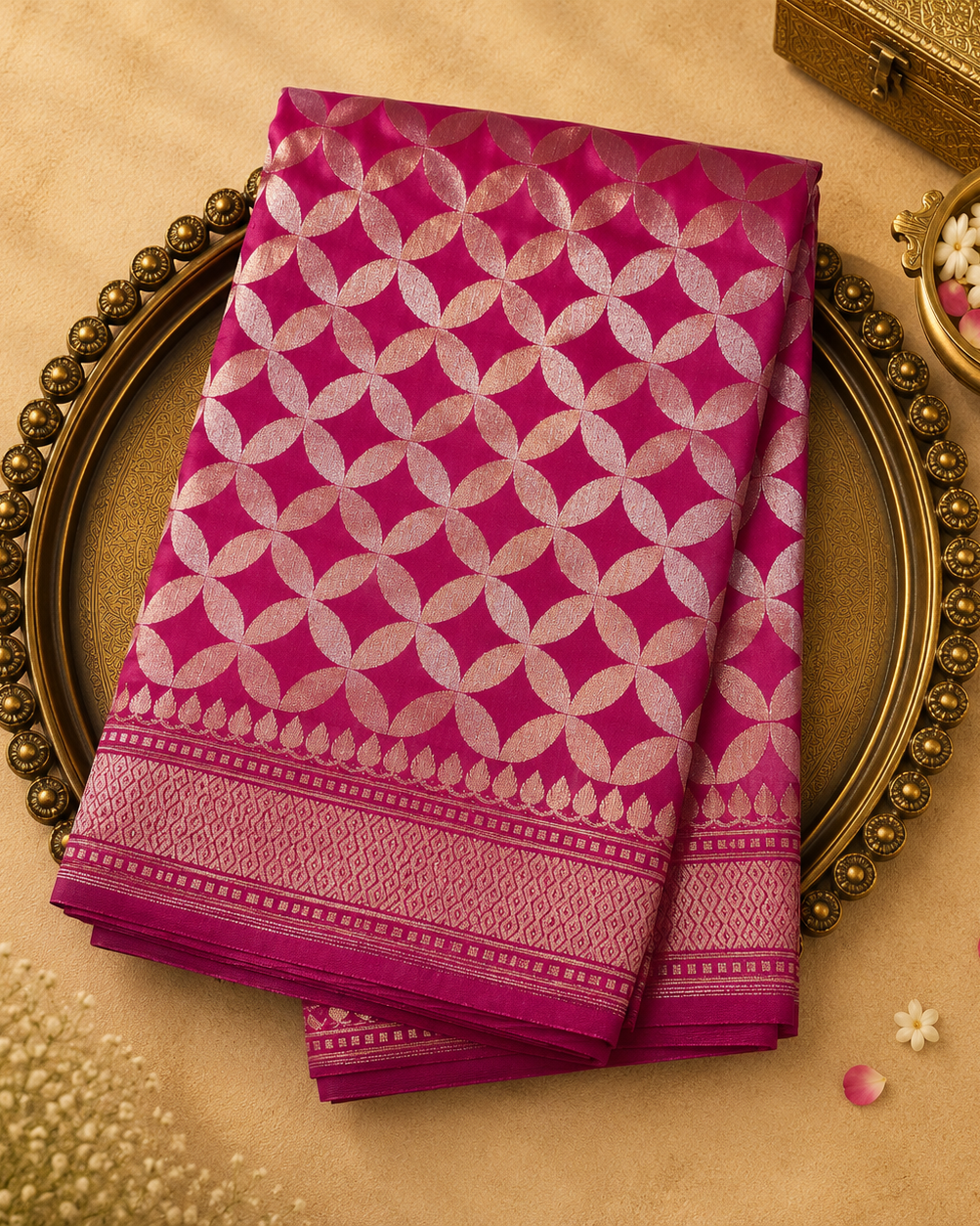 Dark Pink Banarasi Silk Saree with Geometric Pattern & Pink-Gold Border