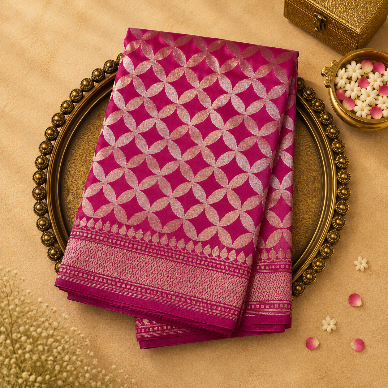 Dark Pink Banarasi Silk Saree with Geometric Pattern & Pink-Gold Border