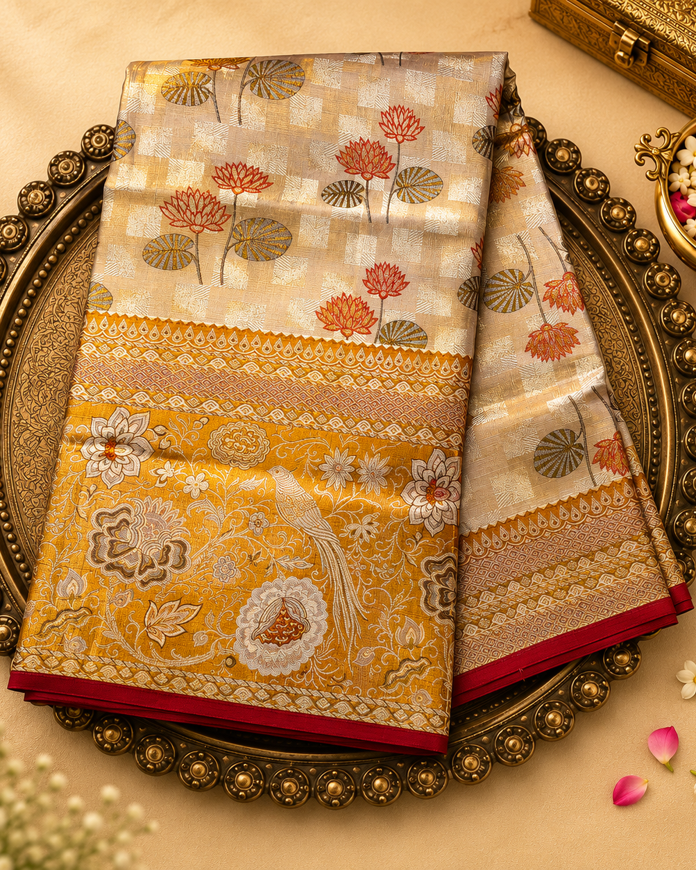 Half White-Gold Tissue Silk Saree with Floral Motifs & Gold Floral Border