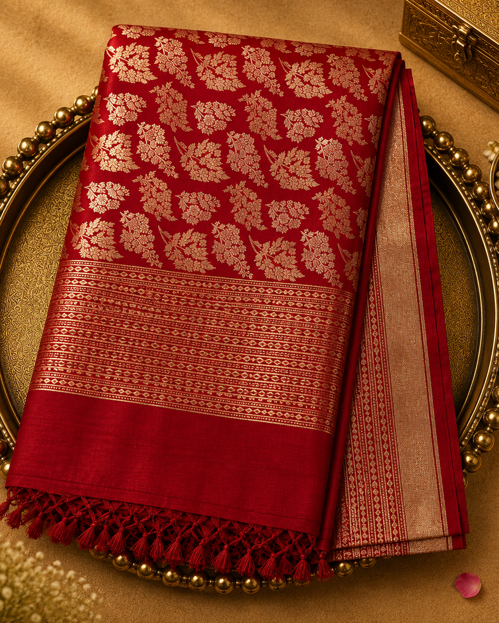 Bright Red Organza Saree with Gold Zari Weave & Red-Gold Border