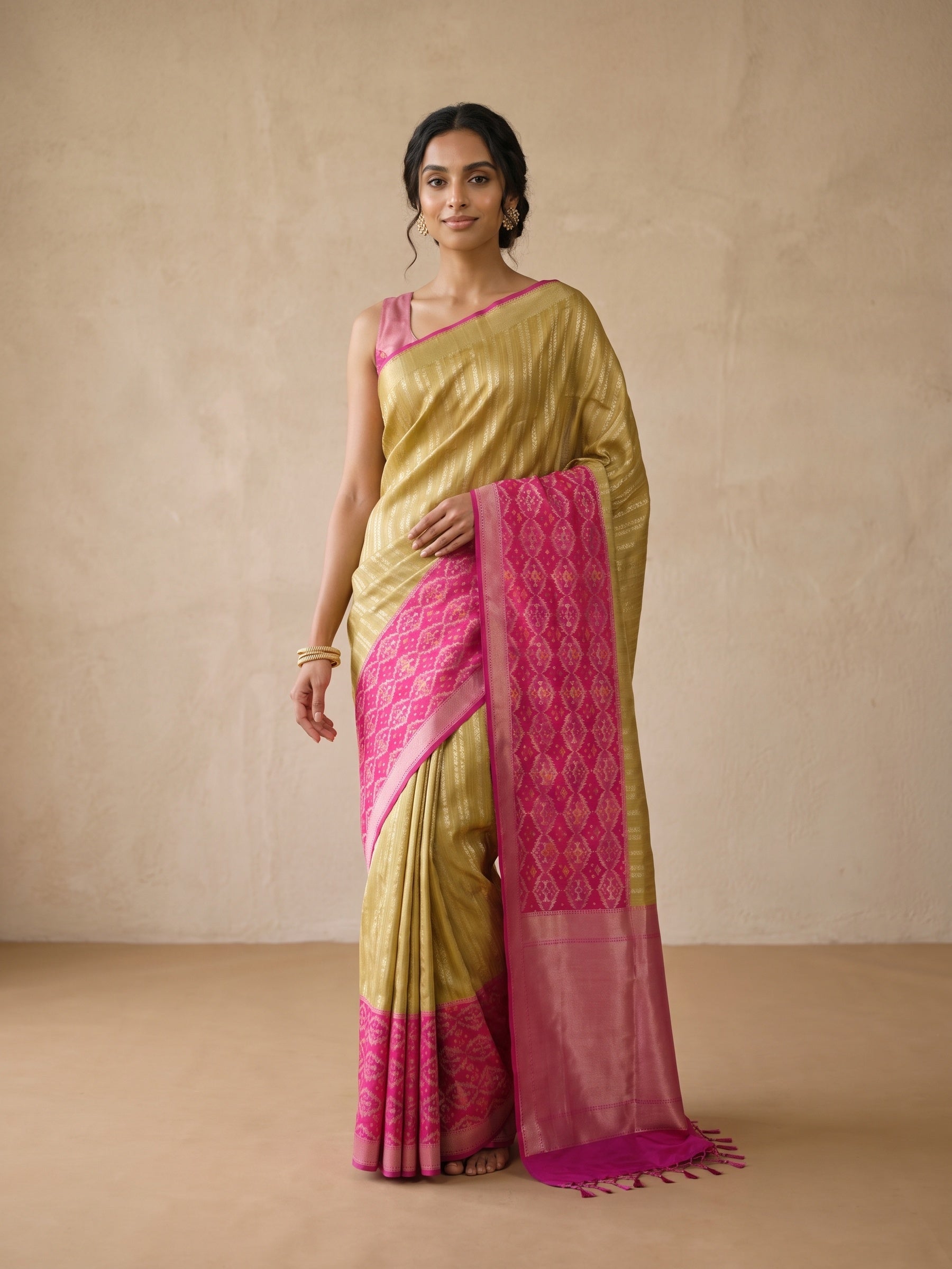 Olive Gold Patola Silk Saree - front pose