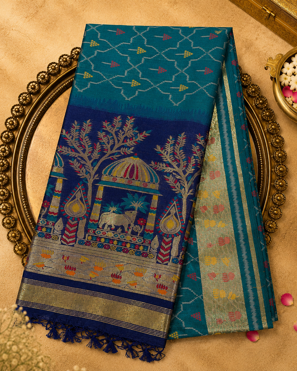 Blue Semi Tussar Silk Saree with Ikat Weave, Gold Zari Border & Royal Blue Pallu